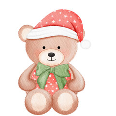 Watercolor Cute Christmas Teddy Bear Illustration. Teddy Bear with gift box.