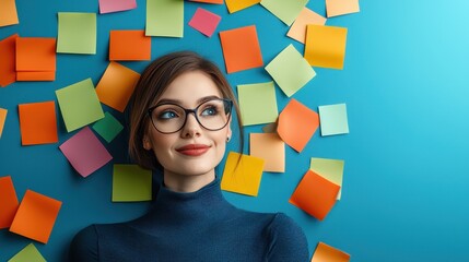 A woman with glasses smiles in front of a colorful backdrop of sticky notes, conveying creativity and inspiration.