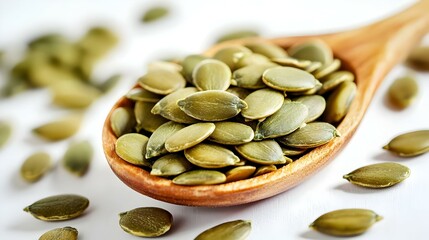 Pumpkin seeds in wood spoon isolated on a white