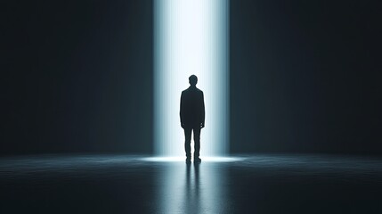 Obraz premium Mysterious figure stands in a spotlight in an empty dark space, creating an atmosphere of intrigue and contemplation