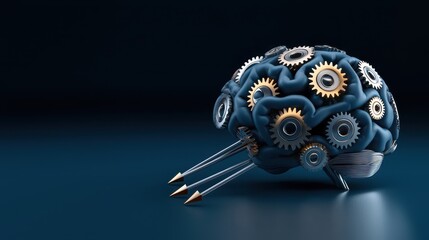Naklejka premium A mechanical brain with gears and arrows, symbolizing innovation, technology, and cognitive processes in a sleek, modern design.