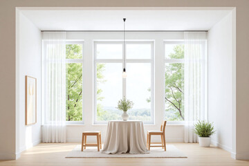 Modern dining room large window wooden table stools plants