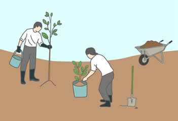 植樹, 木を植える, 環境保護, 造園, ガーデニング, 農作業, 一輪車, スコップ,植樹, 木を植える, 環境保護, 自然, 土壌改良, ガーデニング, 造園, 森林再生, 植物, 農作業, 園芸, 緑化, 作業, 労働, 土木作業, 畑, 植物育成, 自然環境, エコ活動, 人と自然, 持続可能, SDGs, 環境問題, 土いじり, スコップ, 一輪車, バケツ, 屋外作業, 地球環境, 緑