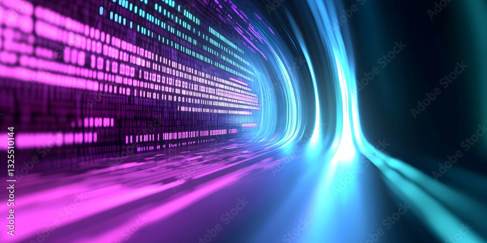 Poster colorful digital tunnel with flowing lights and binary code creates a futuristic atmosphere in a vir