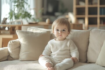 a baby sitting on a sofa inside the house