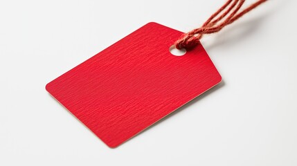 Red promotional tag on a thread, on a white background, isolated