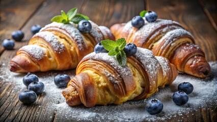 Flaky, golden-brown croissants filled with juicy blueberries and topped with a light dusting of powdered sugar , fresh pastry, blueberry filling
