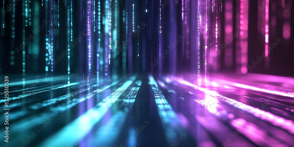 Poster visual representation of digital data transmission with neon colorful streams in a matrix-like envir