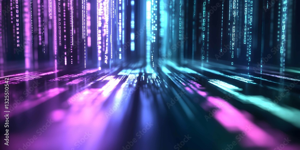 Poster visual representation of digital data transmission with neon colorful streams in a matrix-like envir