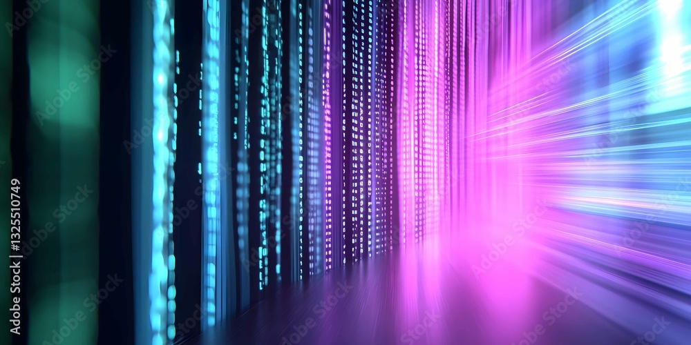 Poster digital light patterns create a vibrant atmosphere in a futuristic setting with colorful streams and