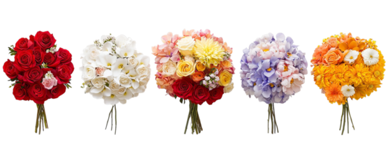 Png of Five vibrant bouquets showcasing red roses, white orchids, and colorful seasonal flowers on transparent background.