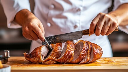 Authentic peking duck being carved by a skilled chef showcasing culinary expertise and the art of traditional cooking
