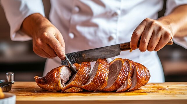 Authentic peking duck being carved by a skilled chef showcasing culinary expertise and the art of traditional cooking