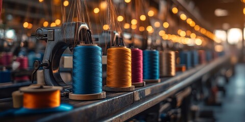 Spools of colorful thread line up along industrial sewing machines in a textile factory, showcasing a behind-the-scenes look at garment production.