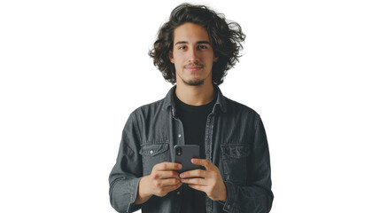 Fototapeta premium Young man using smartphone on transparent background