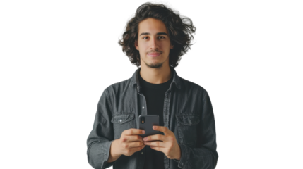 Young man using smartphone on transparent background