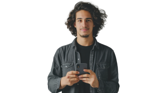 Young man using smartphone on transparent background