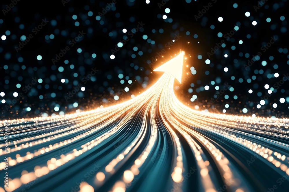 Poster bright arrow made of light trails points upward in a dark space filled with floating particles