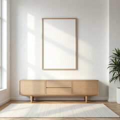 Fototapeta premium a modern living room with a clean white wall featuring a single large frame hanging above a sleek wooden furniture
