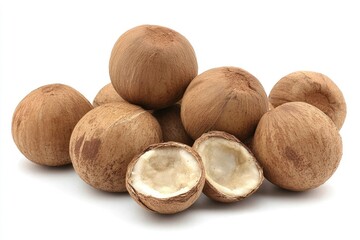Group of whole and halved dried coconuts