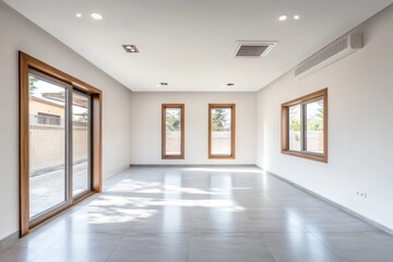 Obraz premium Bright, empty room with large windows and sliding glass door.