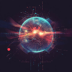 Obraz premium Glowing Orb Emitting Red and Blue Energy Streams in a Digital Abstract Artwork