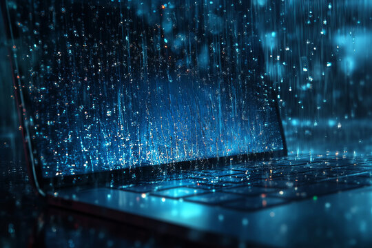 a laptop under a digital rain, symbolizing the digital age and data - Powered by Adobe