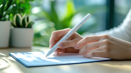 A person writing on a notepad with a pen, surrounded by greenery and natural light, suggesting a creative or contemplative atmosphere.