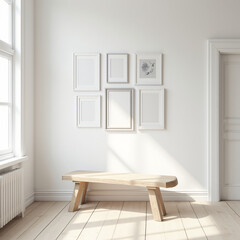 a  Scandinavian-inspired setting with clean white walls a light wood floor and a simple woodenbench