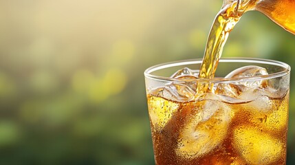 Pouring refreshing thai iced tea over ice with beautiful glistening condensation capturing the essence of relaxation