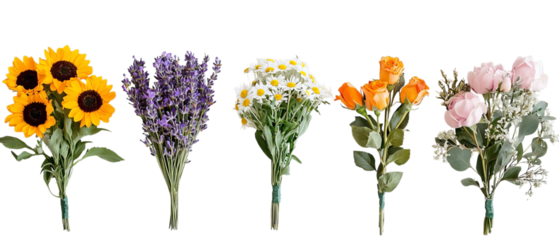 Png of Vibrant bouquet of assorted flowers, featuring sunflowers, lavender, daisies, and roses in cheerful colors on transparent background.