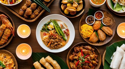 Traditional thai feast lavishly laid out on a table with an array of dishes inviting guests to enjoy a culinary experience