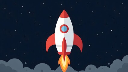  A rocket soaring through a bright blue sky, surrounded by fluffy white clouds, leaving a trail of smoke behind. 