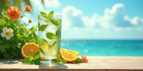 Fototapeta premium Refreshing Iced Mint Beverage by the Ocean with Citrus Fruit and Flowers