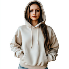 young woman in white jacket on white background