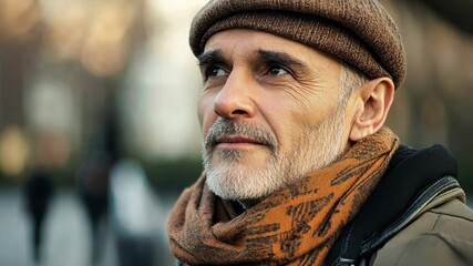 Reflective city stroll: mature man observing urban life in winter attire