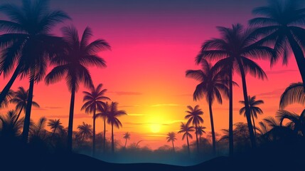 Fototapeta premium Sunset over tropical palm trees beach landscape tranquil wide angle natural beauty