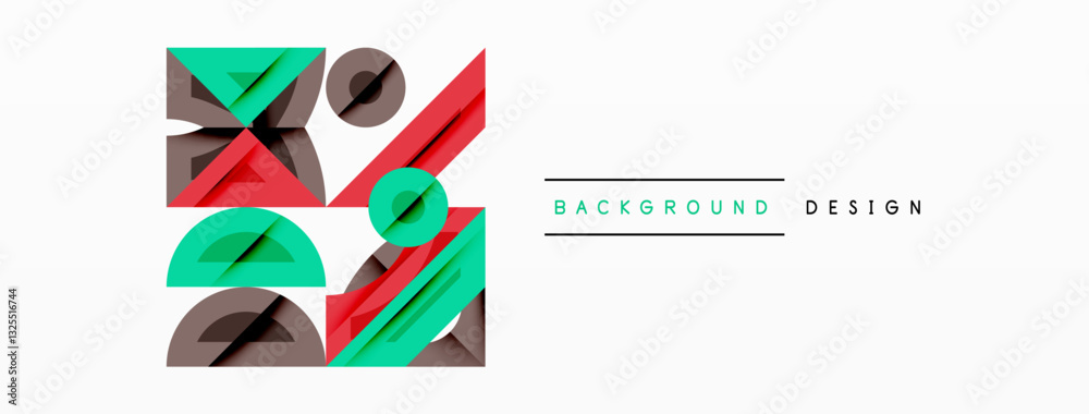 Poster Abstract geometric background with shapes, featuring circular and rounded elements. Bold contrast, smooth gradients, dynamic composition, futuristic style