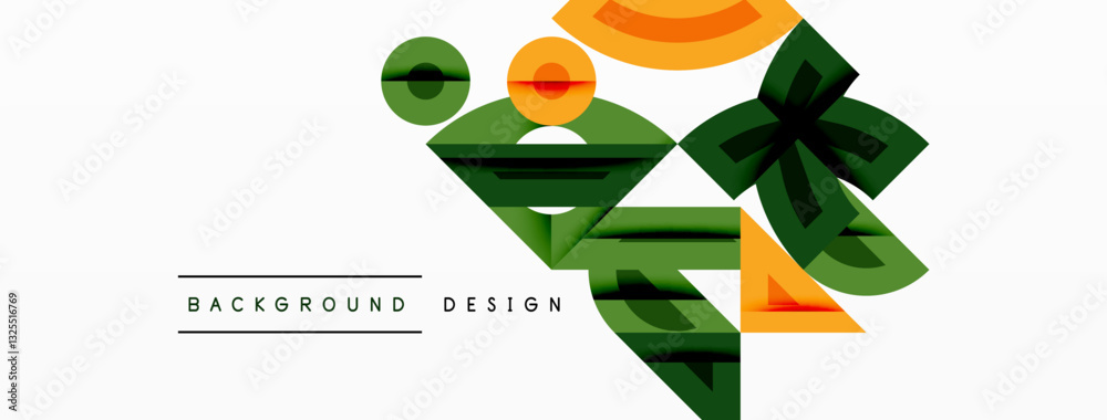 Poster Abstract geometric background with shapes, featuring circular and rounded elements. Bold contrast, smooth gradients, dynamic composition, futuristic style