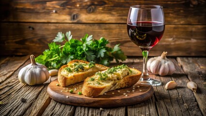 Crusty garlic bread on a rustic wooden table with a glass of red wine nearby, garnished with fresh parsley and parmesan cheese