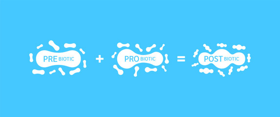 Obraz premium Digestive probiotic from prebiotic help create postbiotic. Infographics on blue background. Good bacterial flora for stomach and intestine. Health care immunity support. Banner vector EPS10.
