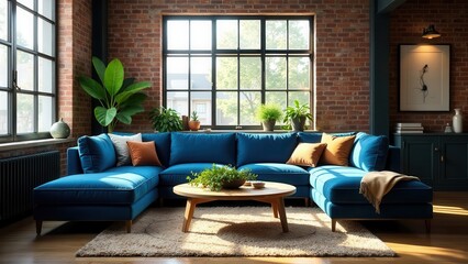 Sunlit Living Room with Modern Sectional Sofa and Wooden Coffee Table