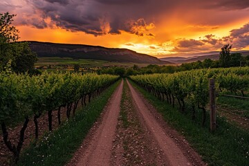 Fototapeta premium Scenic vineyard path at sunset. Rolling hills, vibrant colors, and lush green vines line a dirt road leading to a dramatic sunset