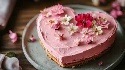 Elegant heart shaped cake adorned with delicate blooms for heartfelt celebration
