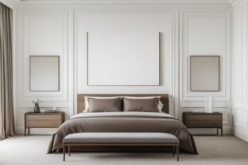 Elegant bedroom with brown bedding, wooden nightstands, and large wall art.