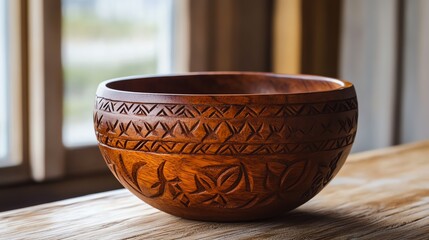 A beautifully carved wooden bowl sits on a table, showcasing intricate patterns, illuminated by natural light from nearby windows.