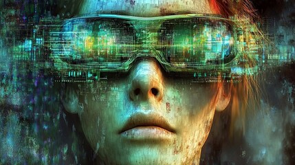 Futuristic character wearing advanced glasses in a digital landscape filled with data streams and vibrant colors