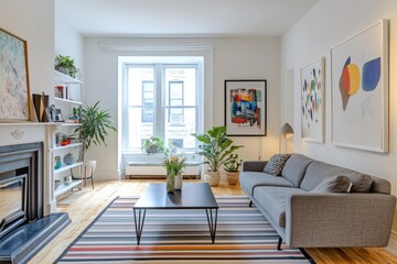 Fototapeta premium Bright living room with hardwood floors, fireplace, sofa, and artwork.