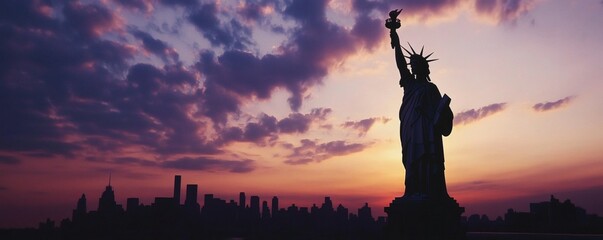 Fototapeta premium A Beautiful Sunset Over a City With A Statue Silhouette