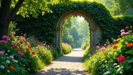 Obraz premium A sun-dappled garden path leads through a stone archway, overgrown with vibrant green ivy, towards a tranquil, verdant landscape beyond